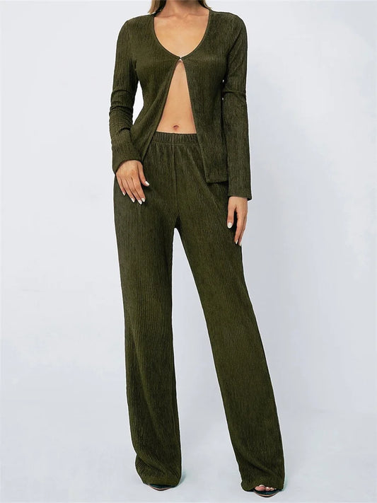 JuliaFashion - Long Sleeve Spring Fall Front Split T-shirts Wide Leg Pants Suits