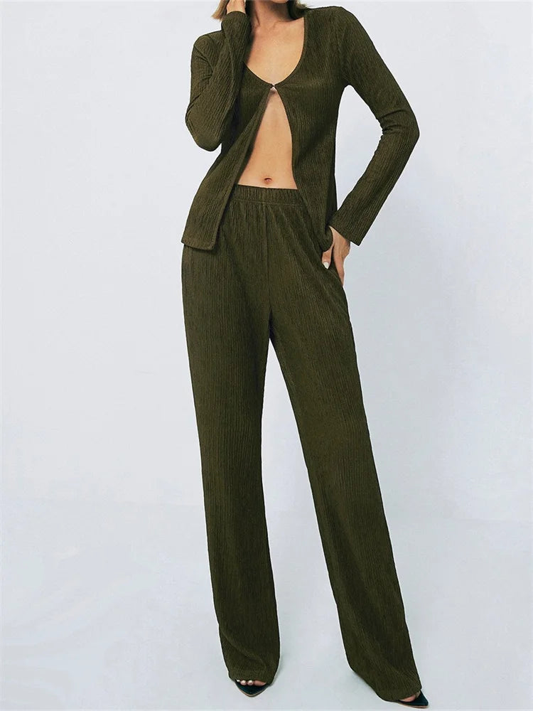 JuliaFashion - Long Sleeve Spring Fall Front Split T-shirts Wide Leg Pants Suits