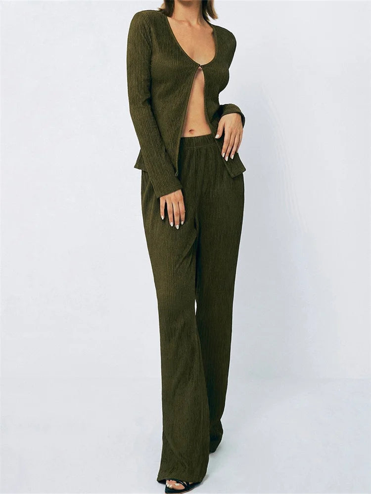 JuliaFashion - Long Sleeve Spring Fall Front Split T-shirts Wide Leg Pants Suits