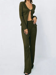 JuliaFashion - Long Sleeve Spring Fall Front Split T-shirts Wide Leg Pants Suits