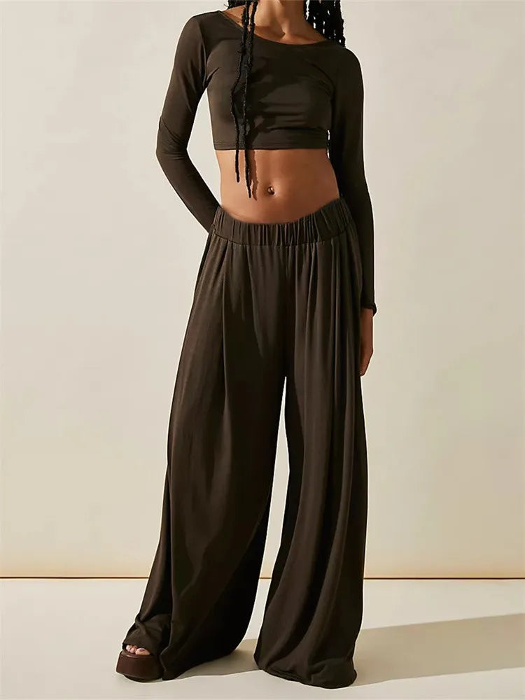 JuliaFashion - Casual Backless T-shirts Crop Tops Solid Wide Leg Pants Suits