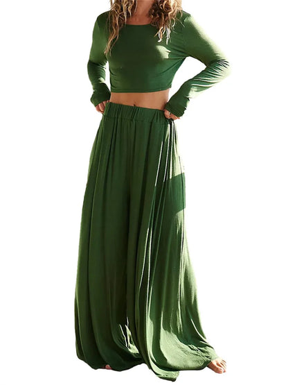 JuliaFashion - Casual Backless T-shirts Crop Tops Solid Wide Leg Pants Suits