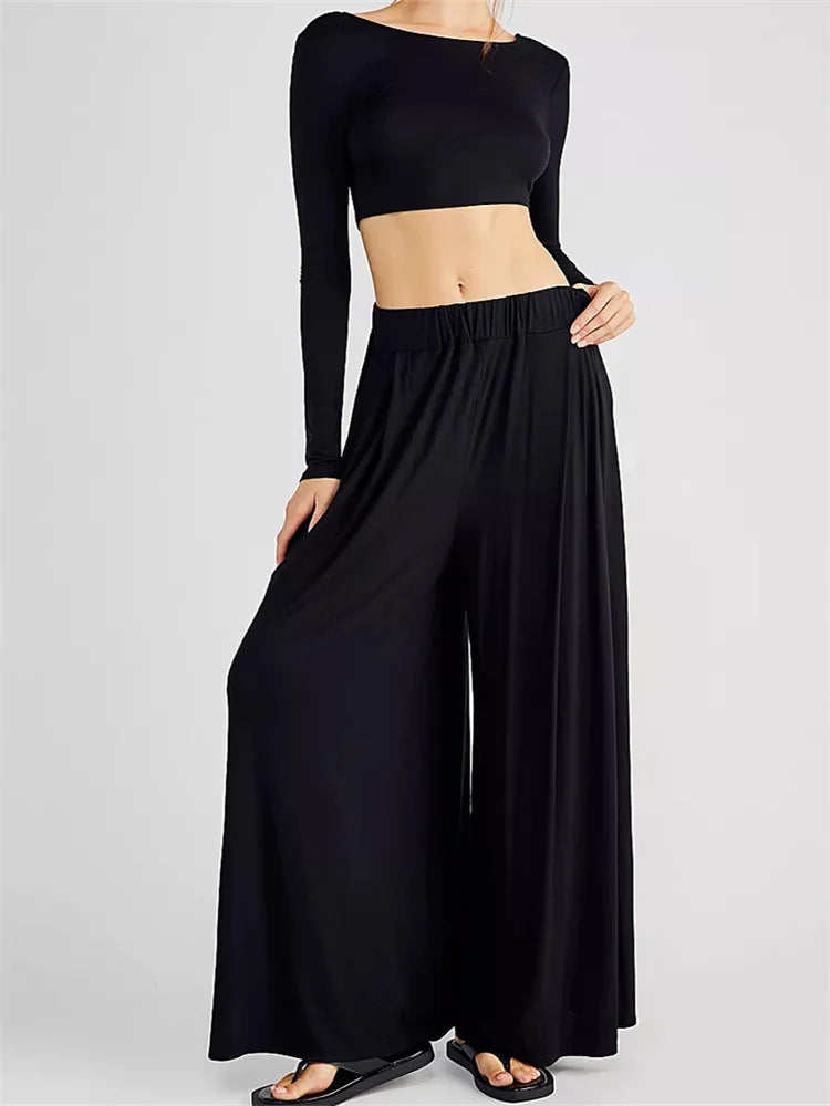 JuliaFashion - Casual Backless T-shirts Crop Tops Solid Wide Leg Pants Suits