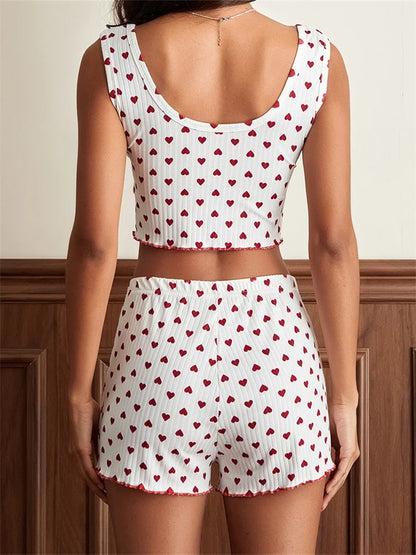 JuliaFashion - Heart Print Bow Patchwork Tops Elastic Waist Sleepwear Suits