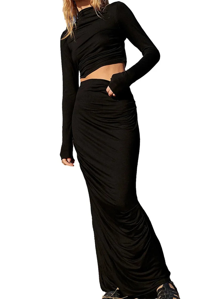 JuliaFashion - Backless Long Sleeves Ruched T-shirts High Waist Split Long Skirts Suits