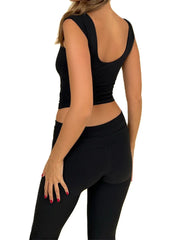 JuliaFashion - Solid Summer Square Neck  Tops Elastic Waist Pants Suits