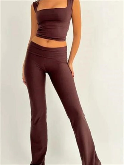 JuliaFashion - Solid Summer Square Neck  Tops Elastic Waist Pants Suits