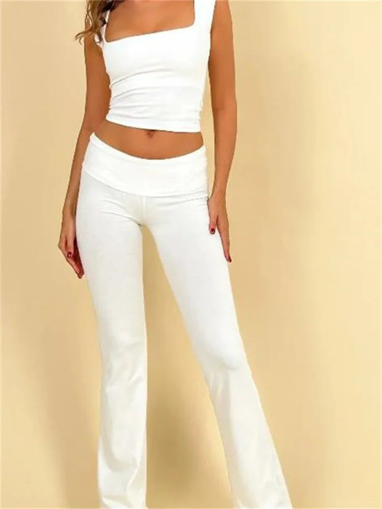 JuliaFashion - Solid Summer Square Neck  Tops Elastic Waist Pants Suits