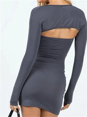 JuliaFashion - Strapless Off Shoulder Solid Bodycon Dress Long Sleeve Tops Suits