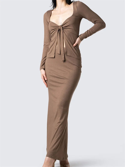 JuliaFashion - Solid V-neck Front Split Knotted Bodycon Streetwear Suits