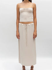 JuliaFashion - Solid Color Ruched Camis Tops Drawstring Long Skirts Suits