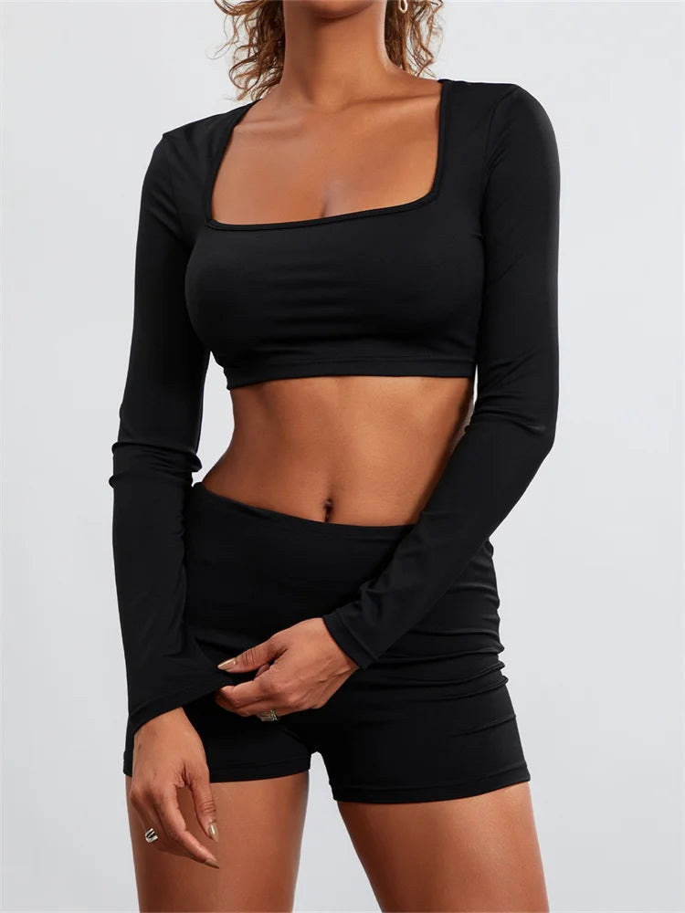 JuliaFashion - Long Sleeve Square Neck T-shirts Crop Tops Suits