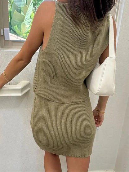 JuliaFashion - Sleeveless Knitted Solid Color V-neck Tank Clubwear Suits