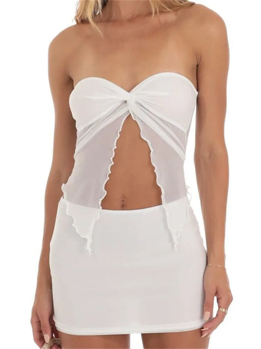 JuliaFashion - Strapless Mesh See Throughss Split Tube Tops  Short Skirts Suits