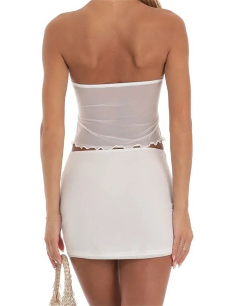 JuliaFashion - Strapless Mesh See Throughss Split Tube Tops  Short Skirts Suits