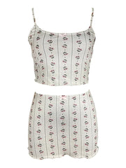 JuliaFashion - Floral Print Spaghetti Strap Camisole with Low Waist Mini Skirts Suits