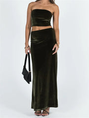 JuliaFashion - Solid Strapless Off Shoulder Tube Crop Tops Long Skirts Suits