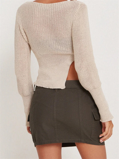 JuliaFashion - Autumn Cropped Solid Color Ribbed Long Sleeve Side Split Hem Slim Knitwear Slim Pullovers Sweater