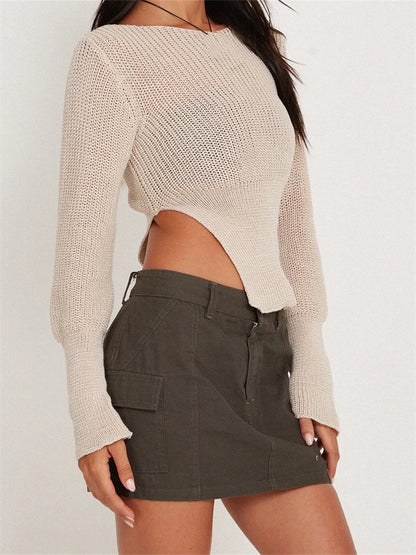 JuliaFashion - Autumn Cropped Solid Color Ribbed Long Sleeve Side Split Hem Slim Knitwear Slim Pullovers Sweater