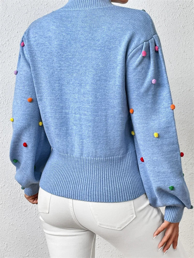 JuliaFashion - Autumn Winter Warm Colorful Pom Long Lantern Sleeve High Neck Loose Fit Knitted Pullovers Sweater