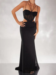 Women Black Halter Sleeveless Slim Waist Hollow Out Spaghetti Strap Evening Summer Female Vestidos