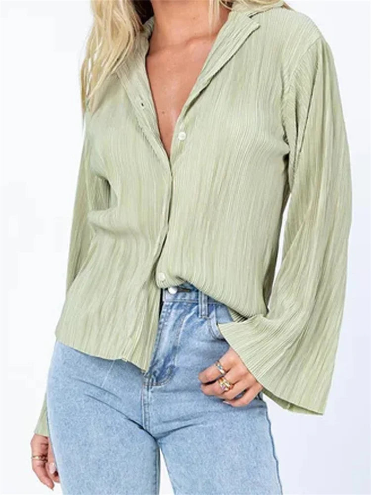 Pleated V-neck Button-Down Blouse blouse-250223
