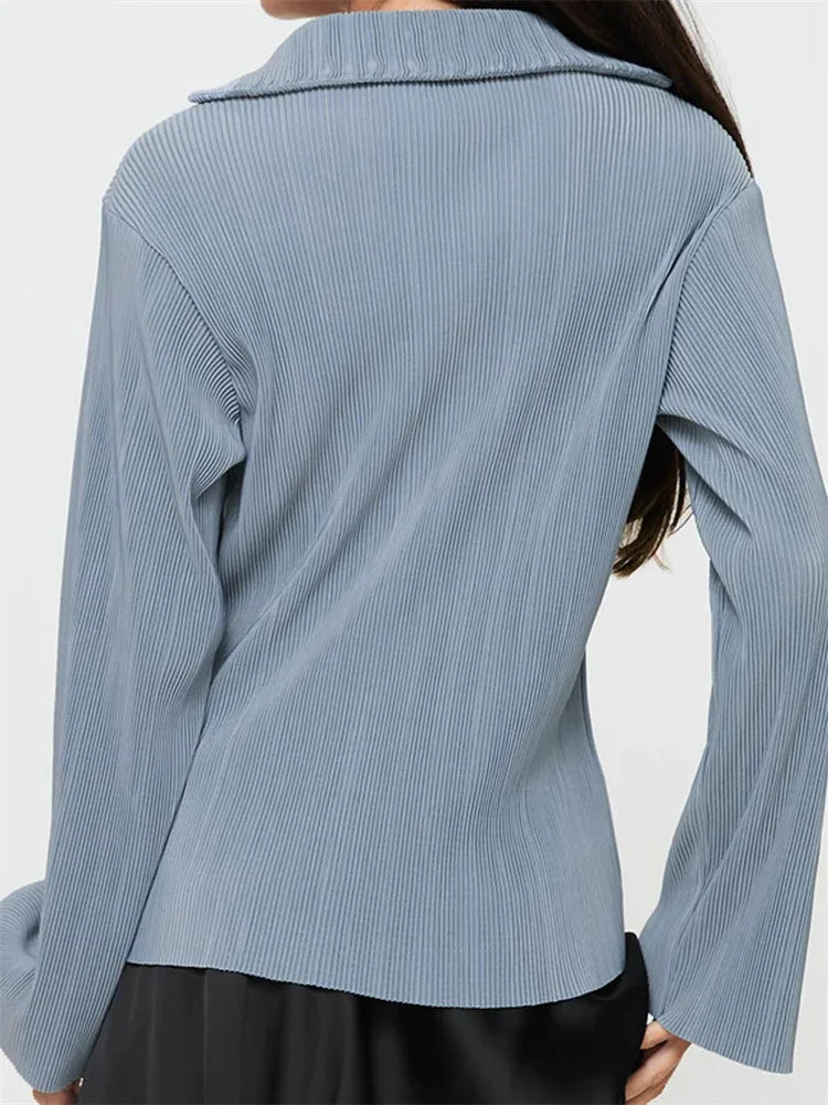 Pleated V-neck Button-Down Blouse blouse-250223