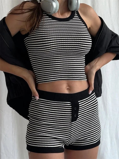 JuliaFashion - Crewneck Tank Crop Tops Striped Print Buttons Shorts Suits