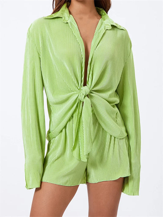 JuliaFashion - Casual Ruched Front Split Tie-up Tops Beachwear Suits