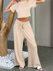 JuliaFashion - Knitted Short Sleeve T-shirts Elastic High Waist Wide Leg Pants Suits