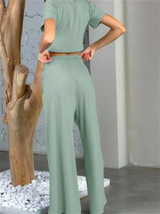JuliaFashion - Knitted Short Sleeve T-shirts Elastic High Waist Wide Leg Pants Suits