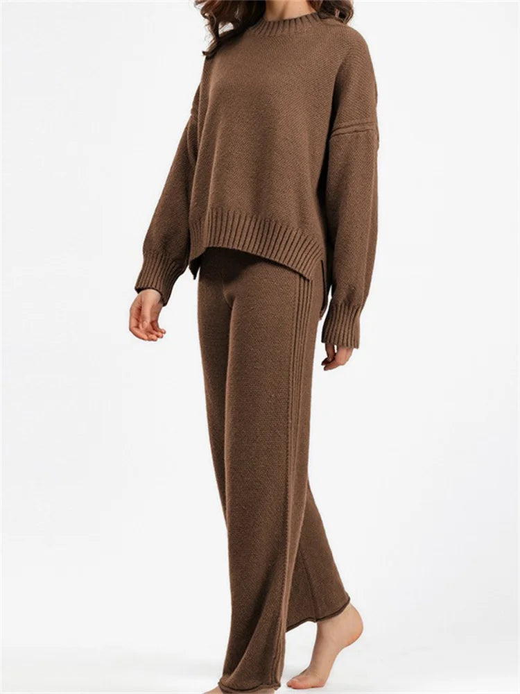 JuliaFashion - Solid Round Neck Sweaters Tops Wide Leg Pants Suits