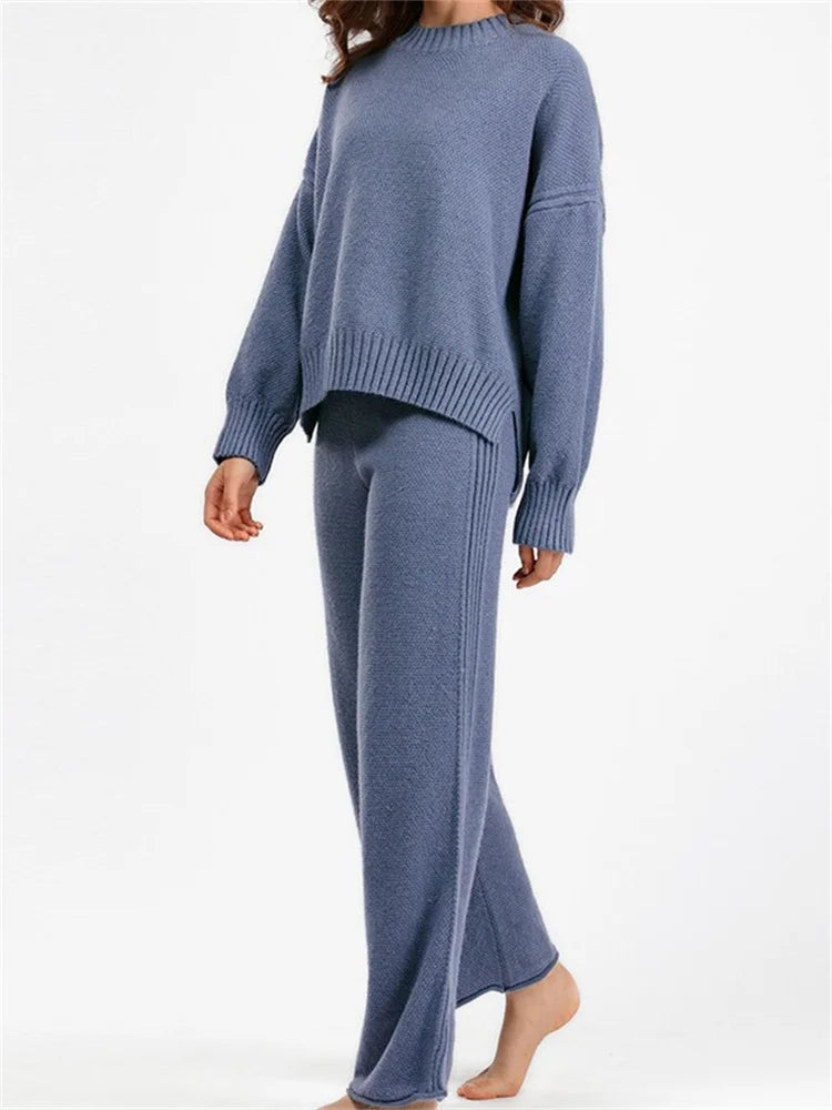 JuliaFashion - Solid Round Neck Sweaters Tops Wide Leg Pants Suits