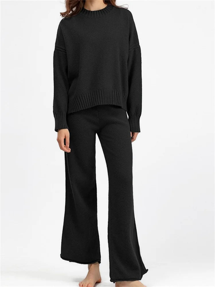 JuliaFashion - Solid Round Neck Sweaters Tops Wide Leg Pants Suits