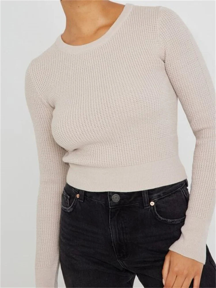 JuliaFashion - Casual Ruched Long Sleeve Spring Fall Solid Slim Fit Female Knitted Sweater