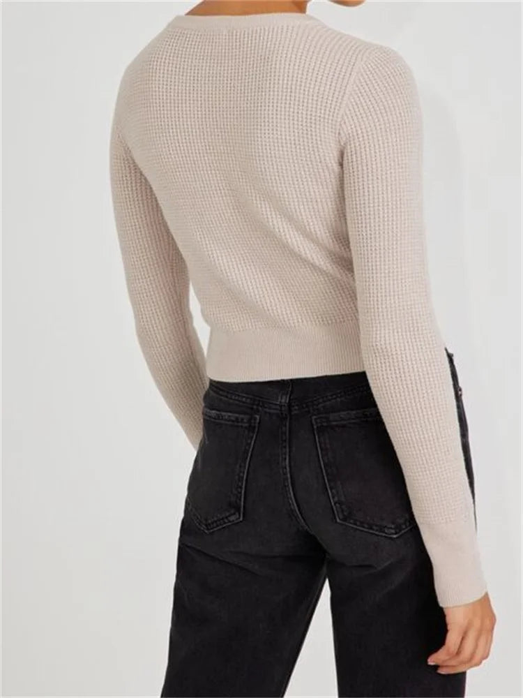 JuliaFashion - Casual Ruched Long Sleeve Spring Fall Solid Slim Fit Female Knitted Sweater