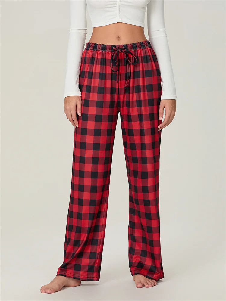 Christmas Plaid Print Lace-Up Elastic Sleep Pant RED / S pant-250223