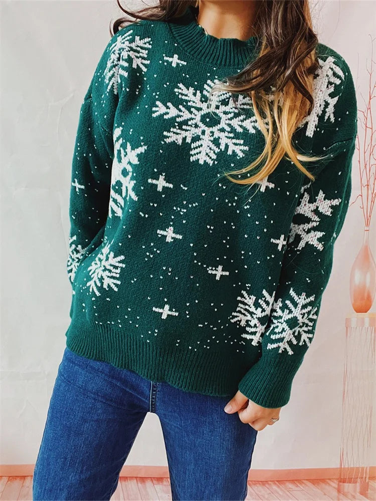 JuliaFashion - Christmas Casual Snowflake Print Winter Warm Long Sleeve Pullovers Basic Knitwear Fall Sweater