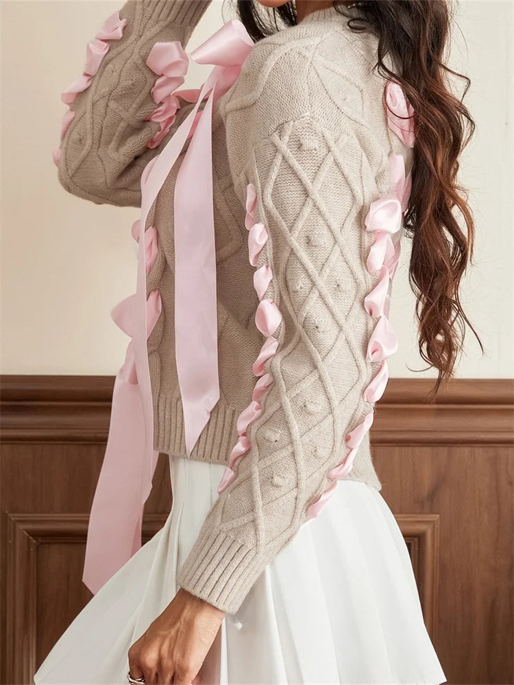 JuliaFashion - Criss-cross Ribbon Round Neck Long Sleeve 3D Bow Cable Knitted Pullovers Fall Winter Sweater