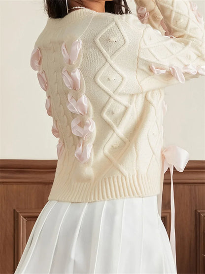 JuliaFashion - Criss-cross Ribbon Round Neck Long Sleeve 3D Bow Cable Knitted Pullovers Fall Winter Sweater