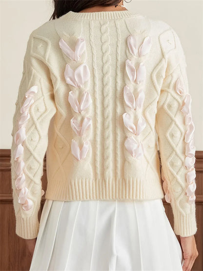 JuliaFashion - Criss-cross Ribbon Round Neck Long Sleeve 3D Bow Cable Knitted Pullovers Fall Winter Sweater