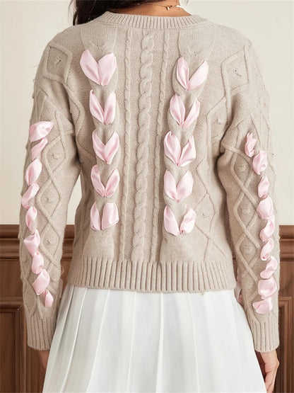 JuliaFashion - Criss-cross Ribbon Round Neck Long Sleeve 3D Bow Cable Knitted Pullovers Fall Winter Sweater