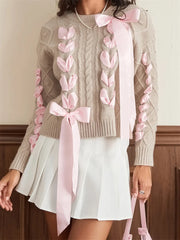 JuliaFashion - Criss-cross Ribbon Round Neck Long Sleeve 3D Bow Cable Knitted Pullovers Fall Winter Sweater