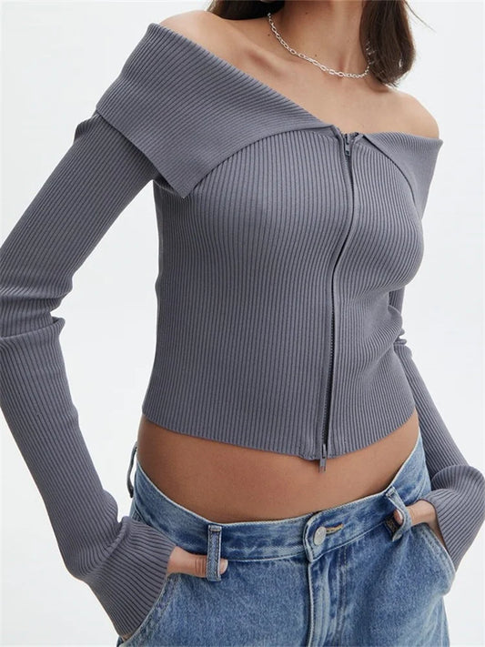 JuliaFashion - Basic Knitted Solid Long Sleeve Off Shoulder Casual Zipper Cardigans Sweater