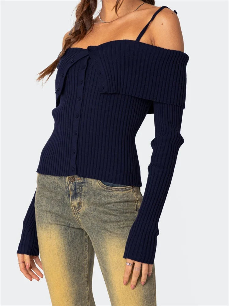 JuliaFashion - Fall Slim Knitted Solid Color Off Shoulder Strap Long Sleeve Knitwear Ribbed Buttons Up Pullovers Sweater