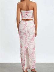JuliaFashion - Floral Print Strapless Off Shoulder  Tops Ruched Long Skirts Suits