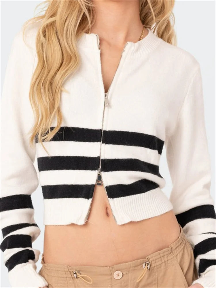 JuliaFashion - Front Zip Up Knitted Striped Long Sleeve Spring Autumn Cardigan Slim Fit Sweater