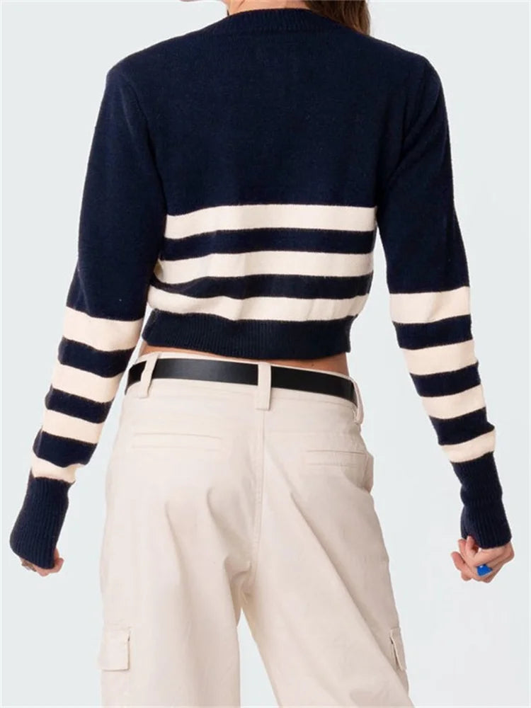 JuliaFashion - Front Zip Up Knitted Striped Long Sleeve Spring Autumn Cardigan Slim Fit Sweater