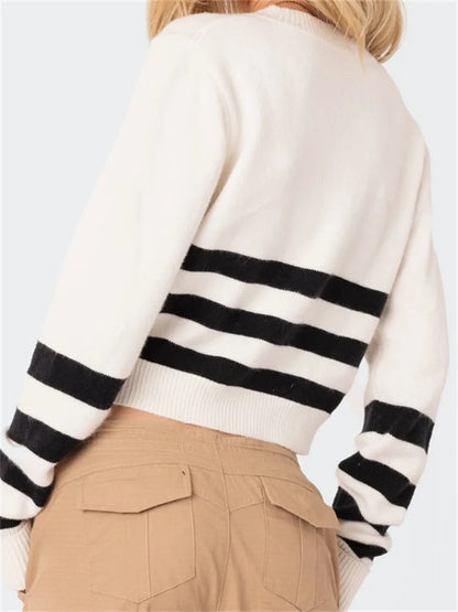 JuliaFashion - Front Zip Up Knitted Striped Long Sleeve Spring Autumn Cardigan Slim Fit Sweater