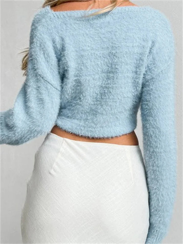 JuliaFashion - Fur Fairy Grunge Solid V Neck Long Sleeve Knitted Front Criss-cross Ruched Sweater